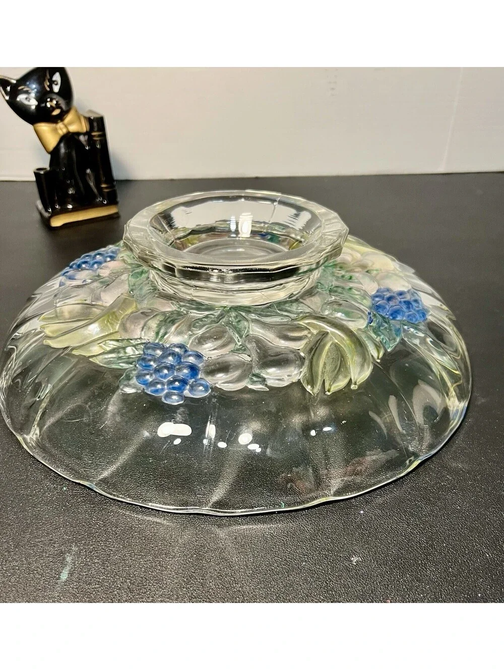 Indiana Glass 1960s Garland Blue Grape Banana Fruit Footed Console Bowl, 12x3.5”